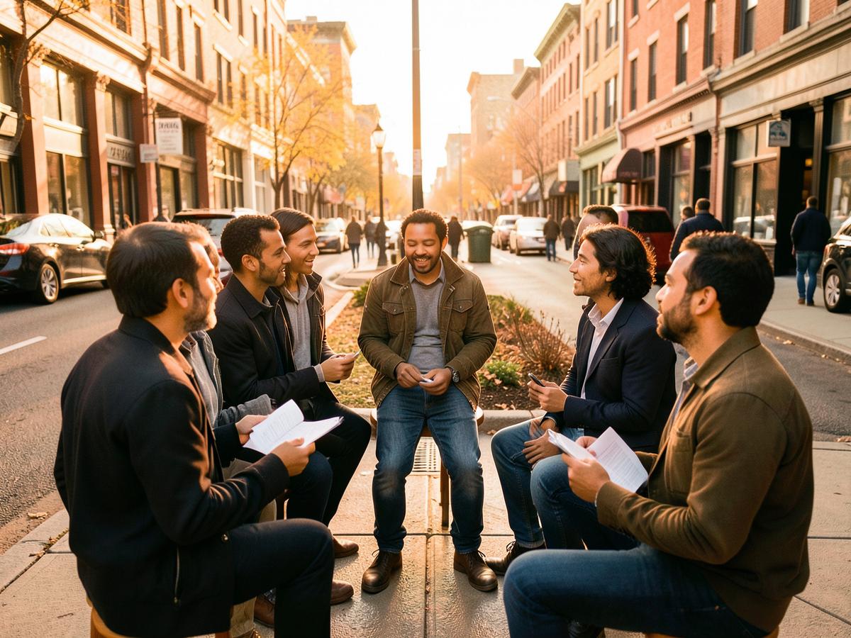 Briefing matinal d'une équipe de collecte de dons sur un trottoir