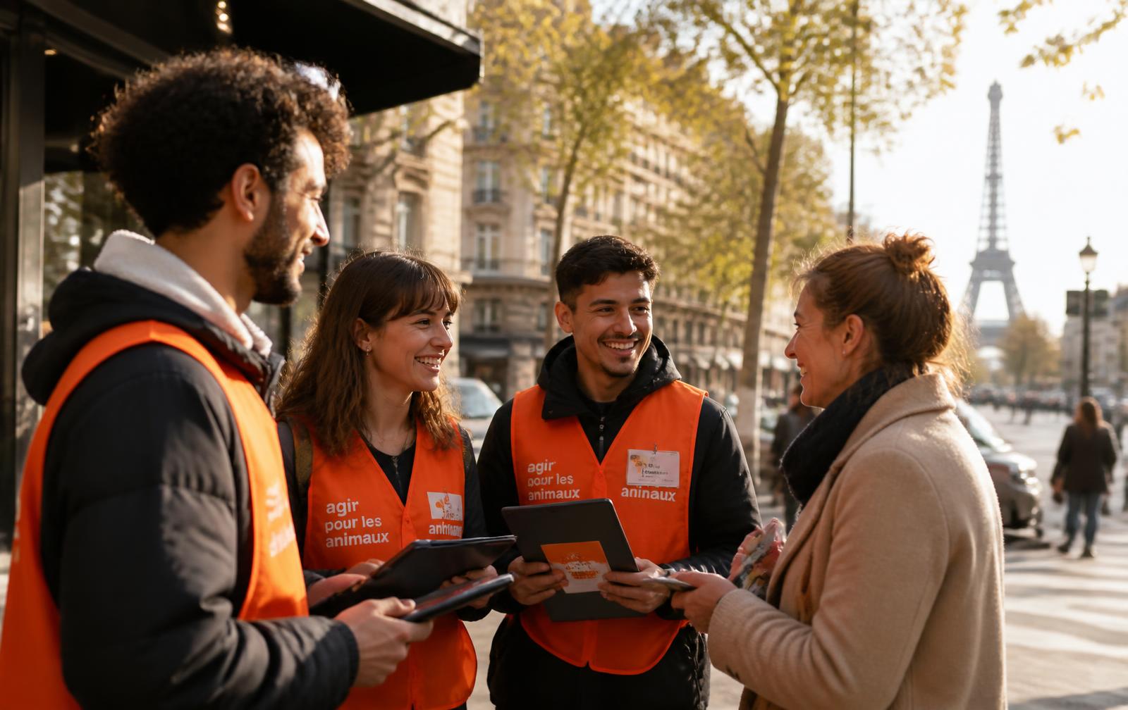 Équipe de recruteurs de donateurs en gilet orange discutant avec une passante dans une rue parisienne